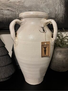 Decorative Vintage Style White Ceramic Three-Handled Vase